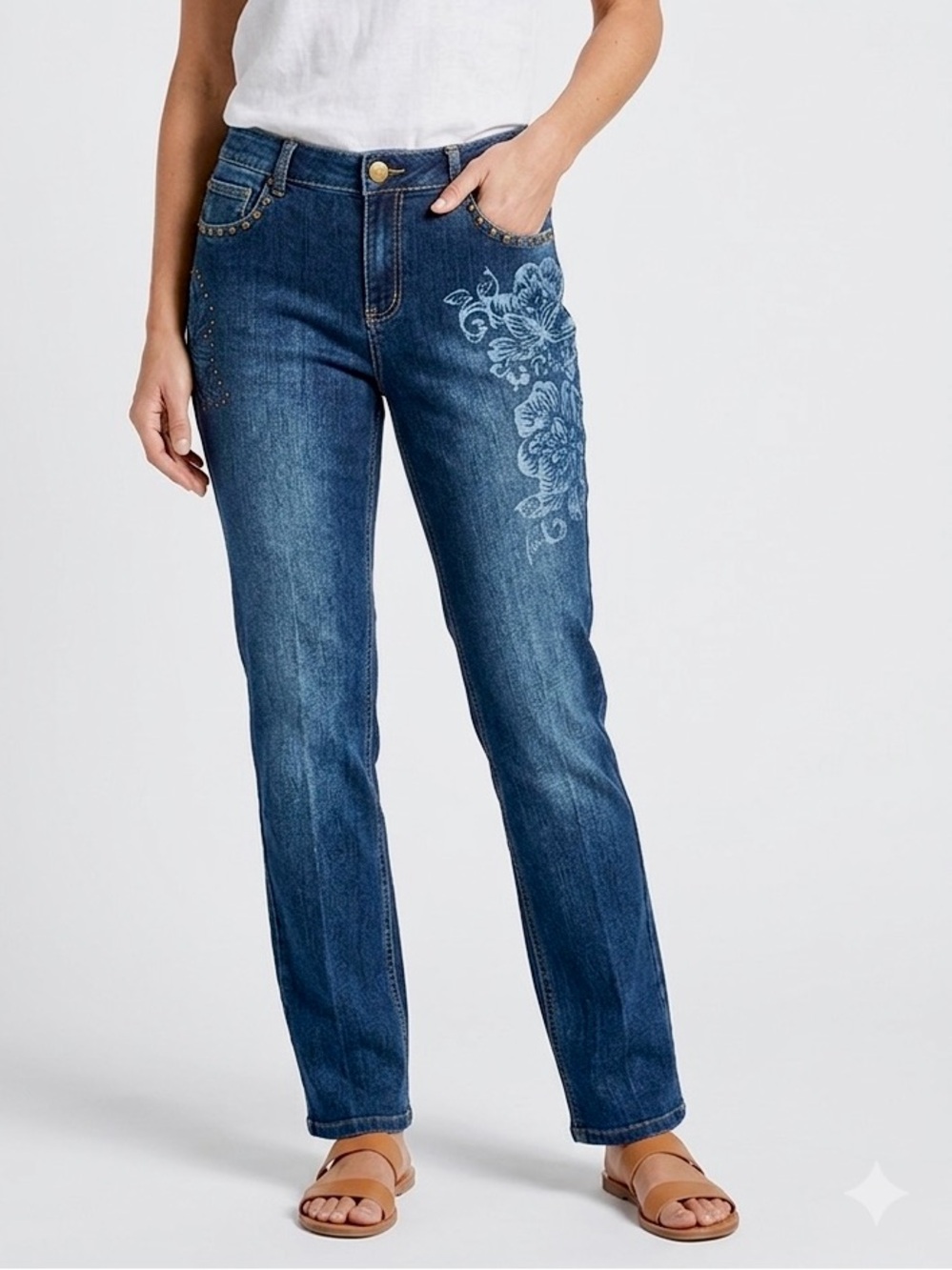 BACCINI Embellished Med Wash Straight-Leg Jeans with Floral Side Embroidery